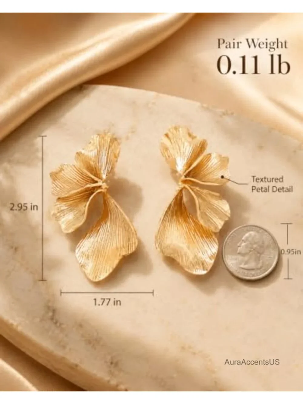 18K Gold Plated Flower Statement Earrings Large Textured Petal